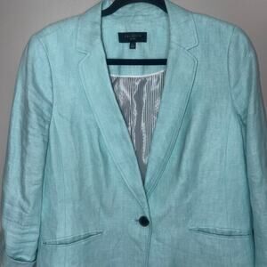 Talbots Petitie 100% Linen Womens 14p Turquoise Blazer Jacket Lined Button Front
